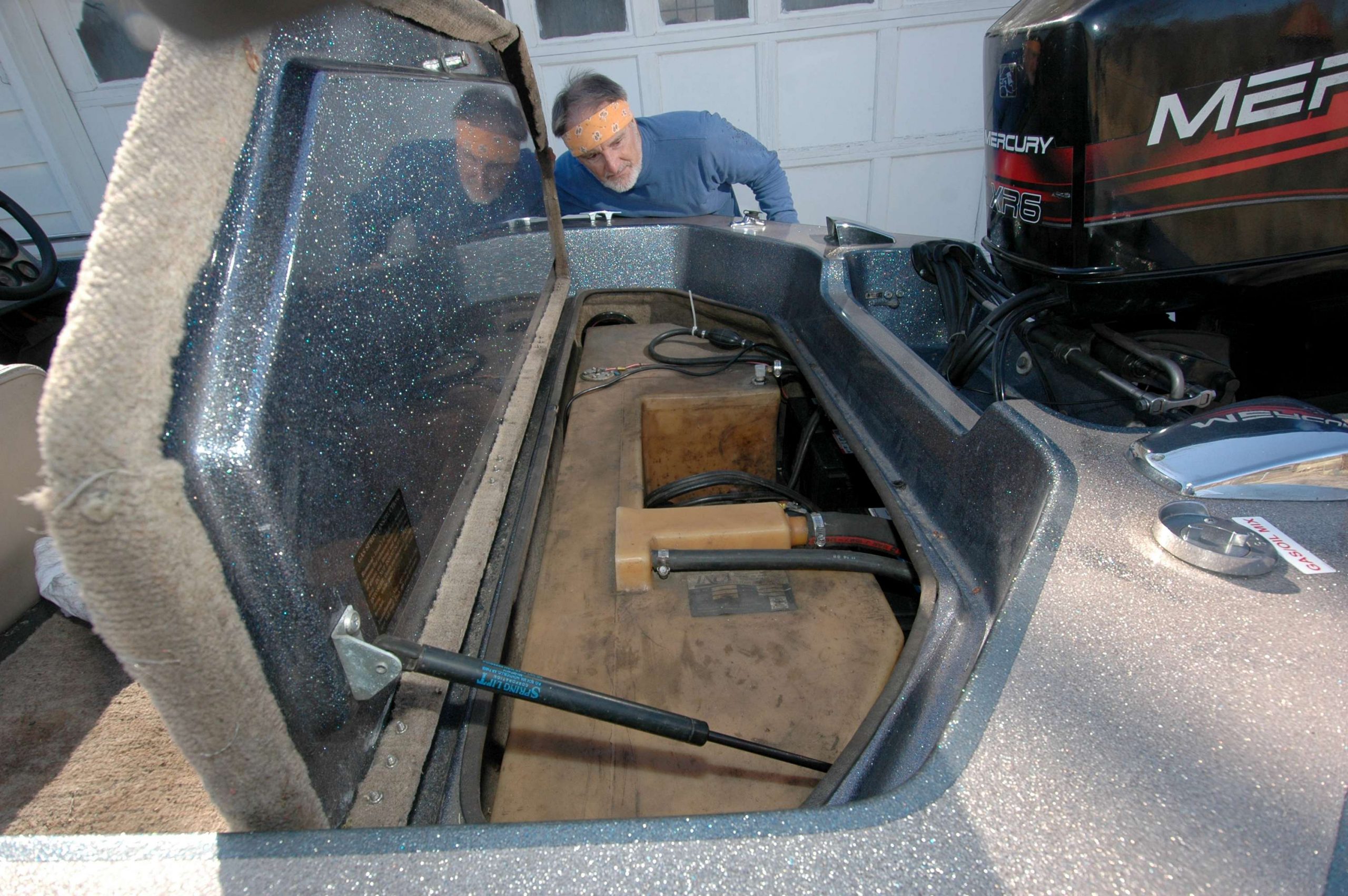 Inspect the bilge area for possible damage. Be mindful of gas tank connections and the smell of gas. You don't want to deal with a leaking gas tank.