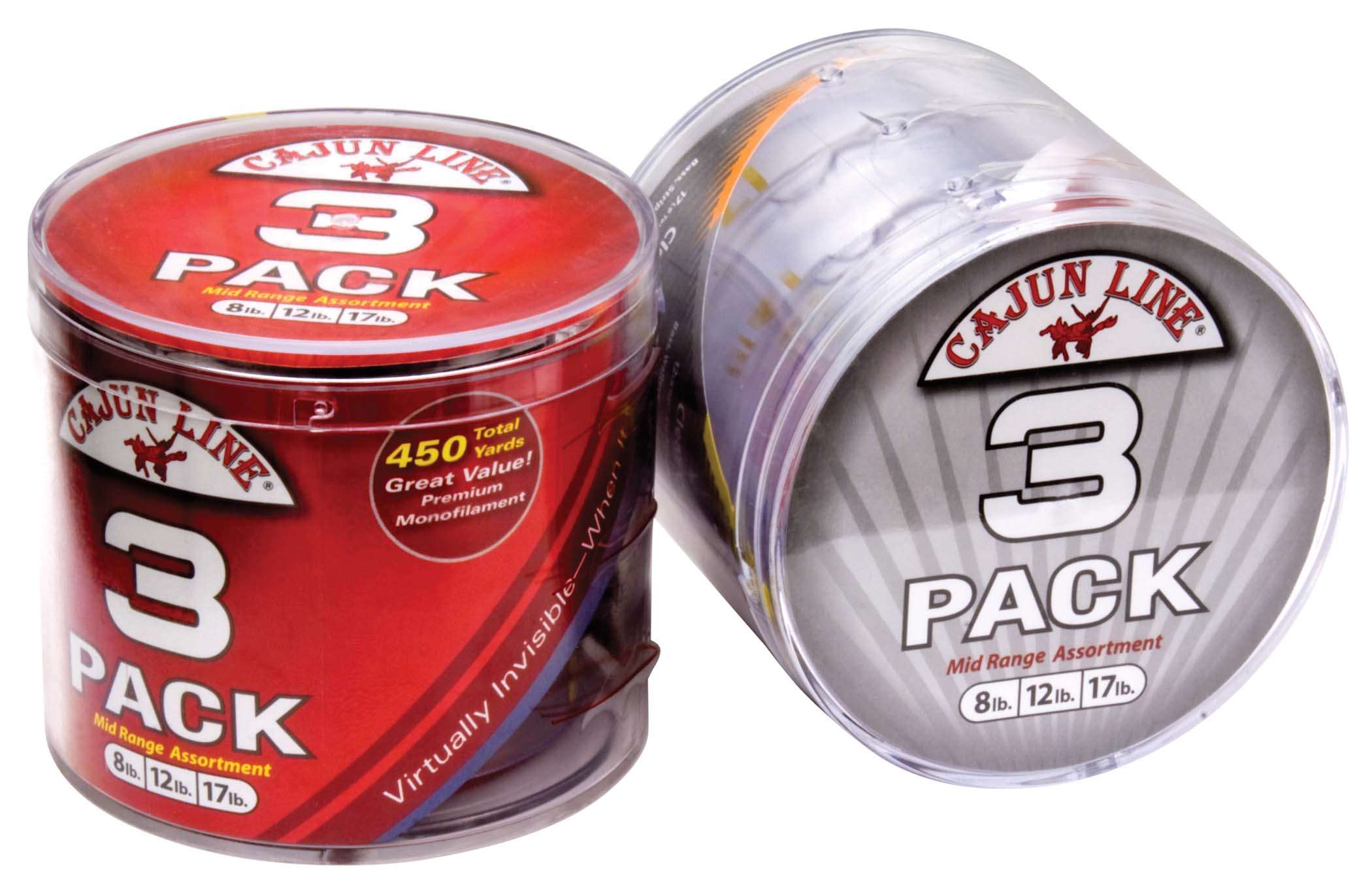 Cajun 3-pack<br>Not sure which pound-test line you need? Grab a 3-pack from Cajun. Four options cover any scenario: multi-purpose has 6, 10, and 17; ultra-light has 4, 6, and 8; mid-range has 8, 12, and 17; and heavy-duty has 15, 20 and 30.