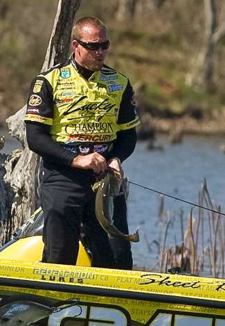 Skeet Reese breathes a sigh of relief after landing one of his biggest bass of the day.