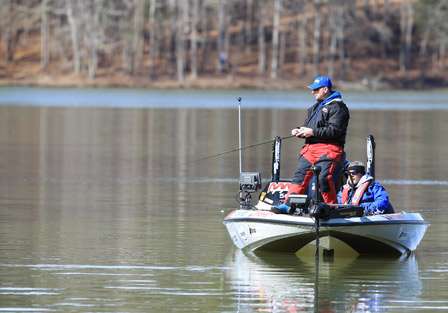 Pro Mark Menendez works his way up to a point on Lay Lake within sight of Steve Kennedy.