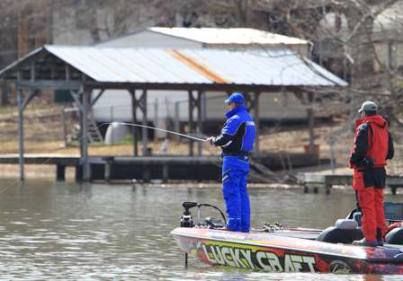 Elite pro Kelly Jordon makes a cast late in the day on Day One of the 2010 Bassmaster Classic.
