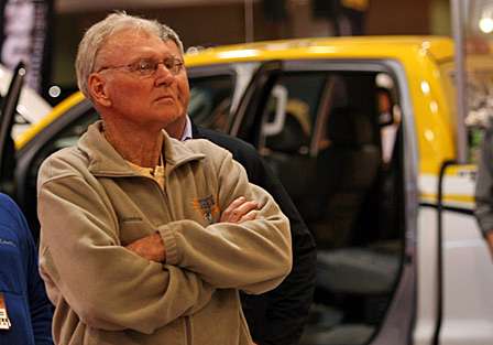 Outdoors television personality Jerry McKinnis looks on during an update of Toyota Tundra Hooked Up.