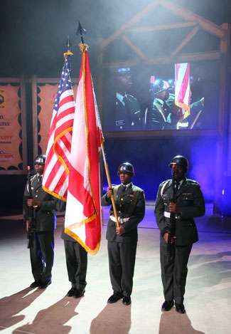 The flags are presented for the national anthem.