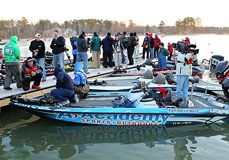 Anglers line up for boat inspection.
