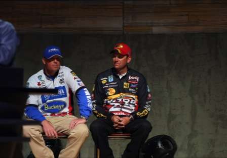 Russ Lane and Kevin VanDam wait in the wings as the last two anglers to weigh their fish.