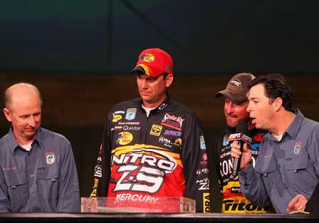 VanDam and temporary leader Jeff Kriet look to the scales and wait for the champion of the 2010 Bassmaster Classic to be announced. 