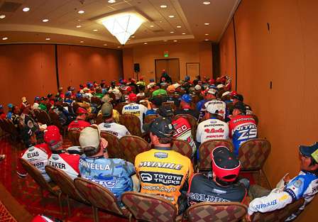 BASS Tournament Director Trip Weldon briefs Elite Series anglers on the specifics of the Duel in the Delta. 