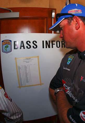 Jared Lintner checks the board for the Toyota Tundra Bassmaster Angler of the Year standings.