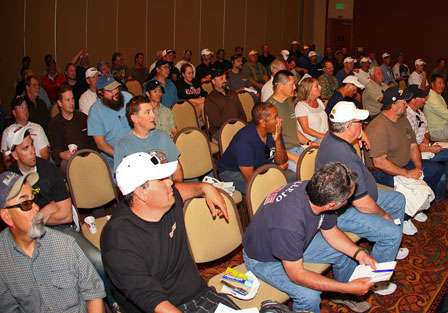 Marshals gather to hear information about the tournament as well as to find out which Elite angler they will fish with on Day One of the Golden State Shootout.