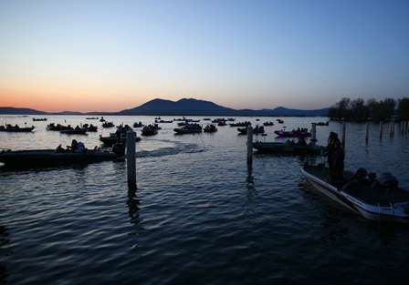 Boats stage next to the take-off dock as they wait for their boat number to be called.