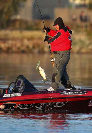 John Murray boats a keeper largemouth bass only slightly bigger than his swimbait on Day One.