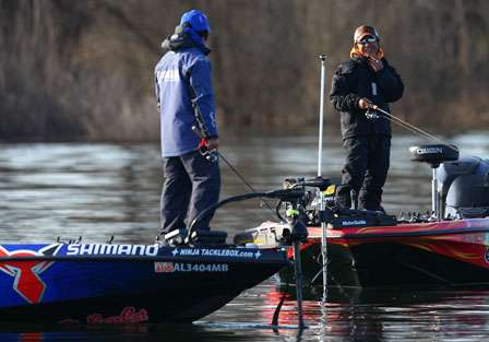 Kotaro Kiriyama and Morizo Shimizu chat while fishing the same area Thursday.
