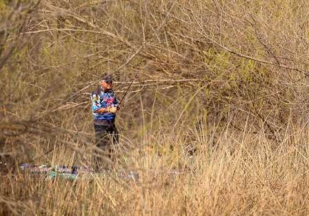 Tommy Biffle is buried behind a clump of reeds on Clear Lake Saturday.