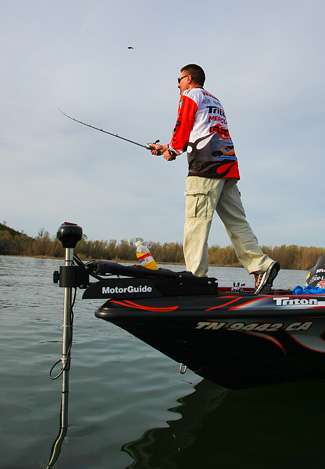 After culling, Howell fires another cast off the front of the boat to capitalize on the feeding frenzy taking place early.