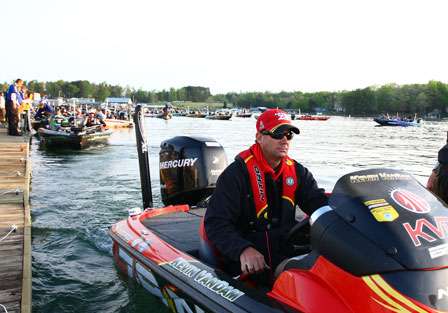 Kevin VanDam leads the field of 50 boats out onto Smith Mountain Lake to get Day Three started.