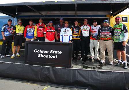 On stage: The 12 anglers who made the final cut and proceed to Day Four of the Golden State Shootout.
