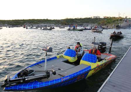 Elite pro Randy Allen leads a string of boats through the snake-like maze from the cove past the short and long docks and out onto Lake Amistad.