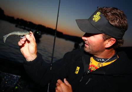 Gerald Swindle shows off one of the swimbaits he plans on using on the final day.