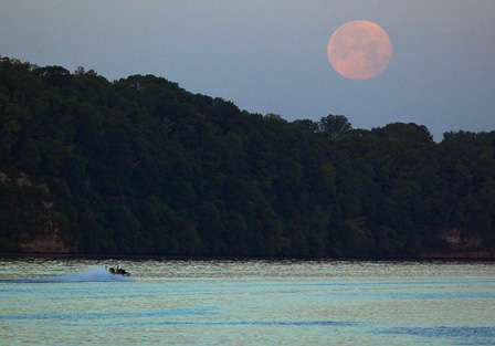 A near full moon was setting during the morning launch at Pickwick Lake.