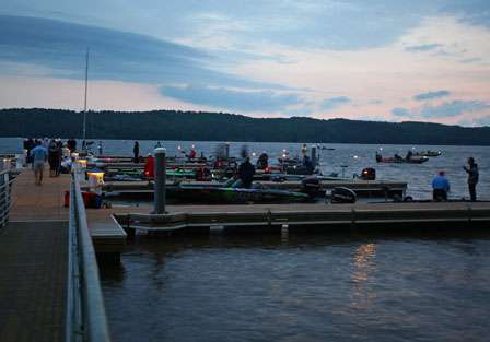 Boats gather on the dock at the Lake Guntersville State Park for the Day Three launch of the Synergy Southern Challenge.