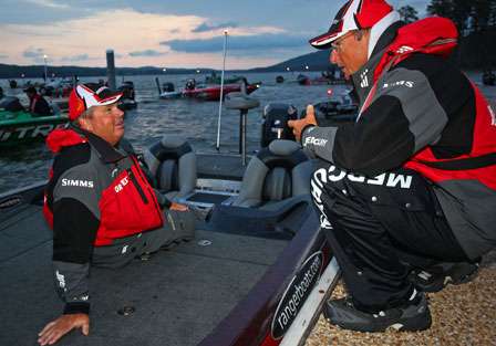 John Murray and Gary Klein talk about the fishing on Guntersville as they wait at the dock.