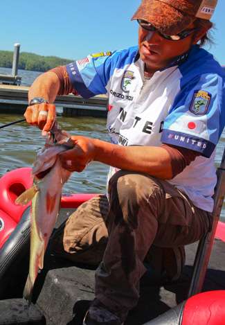 Morizo Shimizu takes the cull tab off one of his bigger Lake Guntersville fish Saturday.