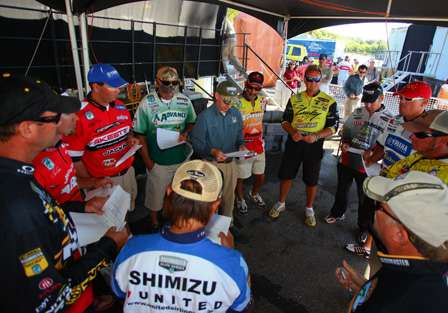 The top 12 anglers meet backstage with Trip Weldon after the Day Three weigh-in as he goes over final day procedures.