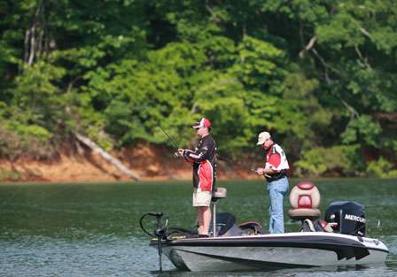 Pro Bruce Griffin and his co-angler for Day One, Larry McGuff, complain about small fish, the one thing that seems to be a constant thread among the anglers of the BASS Southern Open  No. 2.