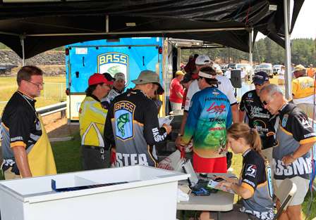 The BASS Officials check the list to make sure each and every angler is off the water and is safe at the weigh-in site.