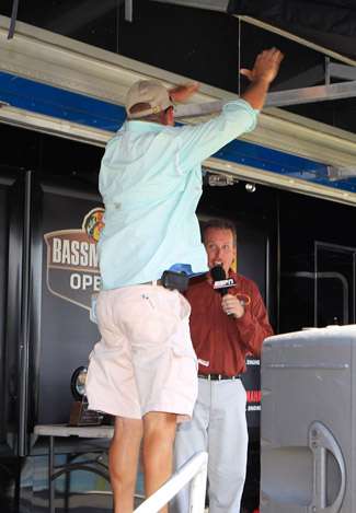 Co-Angler Robert Dice jumped into the air and eventually off the stage when he found out there were no more co-anglers and he had won.