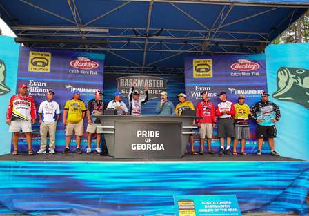 The final 12 anglers remaining gather on stage as they try to run down leader Jason Williamson with one day left to go.