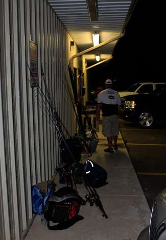 A pile of co-angler's gear sit on the sidewalk waiting to be loaded into the boat on Day Two.