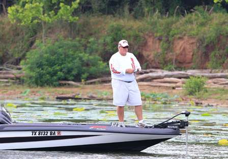 Pro Ed Whaley targets shallow water bass in the back of a pocket in Port Lake.