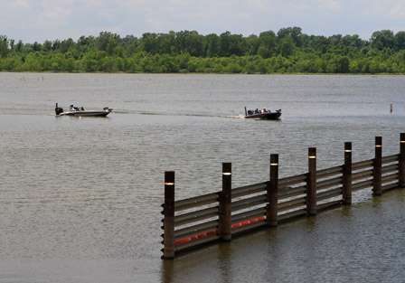 The first boats make their way back to Red River Marina South for the weigh in on the second day of the second Bass Pro Shop Bassmaster Central Open of the year on the Red River.