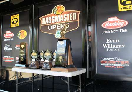 The trophies for the Bass Pro Shop Bassmaster Central Open #2 sit at the ready for the final weigh in.