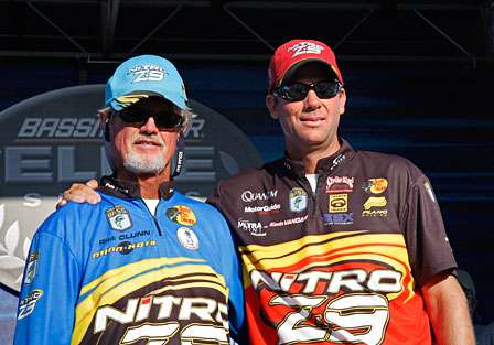 The end of Day Three Rick Clunn and Kevin VanDam stand for media photos on stage. The final day of the Bluegrass Brawl will go down in history as one of BASS' most exciting events.