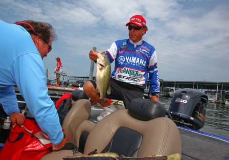 Dean Rojas shows off his biggest fish on Day Two of the Tennessee Triumph.