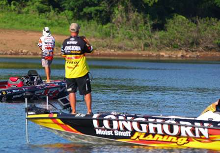 Randy Howell and Jeff Kriet were fishing the same point as Day One on Fort Gibson Lake got under way. 