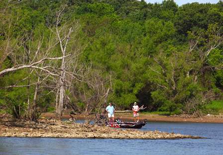 Low water conditions exposed the rocky shoreline of Fort Gibson Lake. 