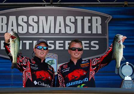 Turner Hall and Jerid Jones from the University of Arkansas hold up the two best fish from their 14-pound, 9-ounce bag