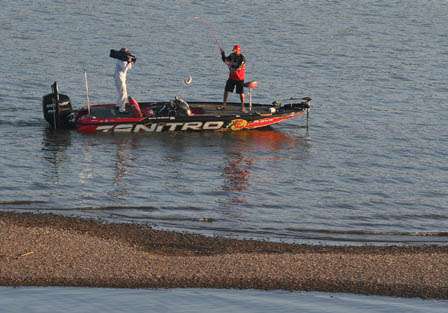 Kevin VanDam boats his first keeper on Sunday morning off a shallow gravel bar.