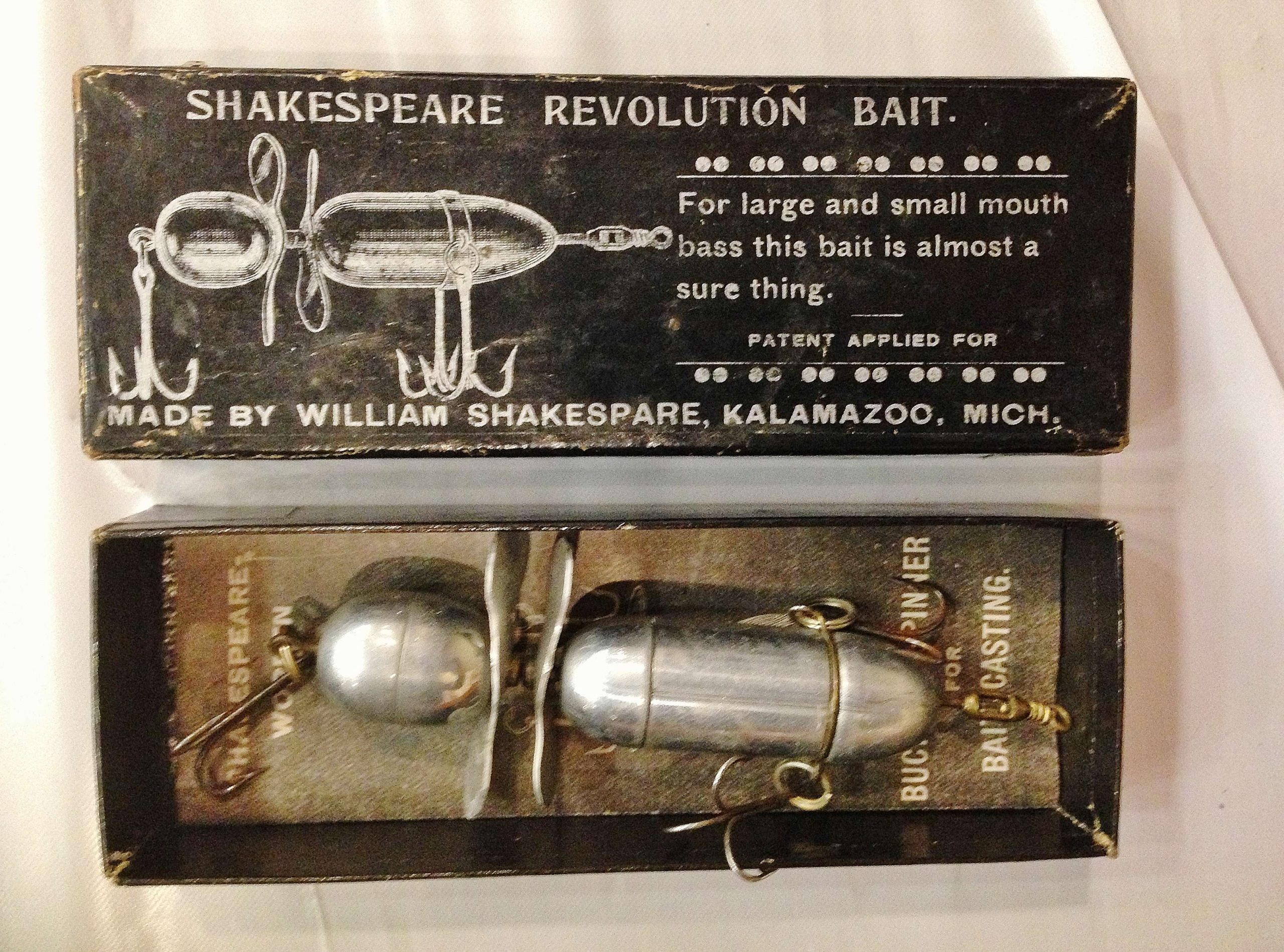 Hereâs a very rare combo: A pre-1910 Shakespeare Revolution in its original picture box. These metal contraptions were hollow-bodied and could float. They were among the first topwater lures ever developed.