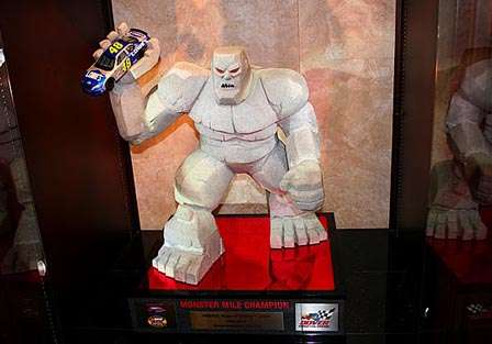 When you win the NASCAR Monster Mile at Dover, you get this Monster Trophy with the monster dude holding an exact replica of your car in his hand.