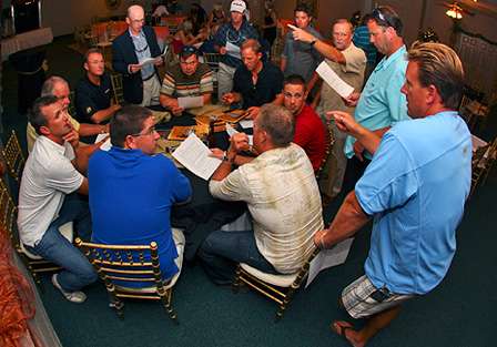 BASS Tournament Director Trip Weldon held a very brief anglers meeting at the end of the night. 