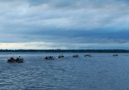 The final boats make their way out of the Plattsburgh Boat Basin and out onto Lake Champlain for Day One of the Bass Pro Shops Northern Open #1.