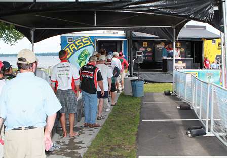 The line stayed full for almost four hours as over close to 400 anglers weighed in on Day One of the Bass Pro Shops Bassmaster Northern Open Number One on Lake Champlain.