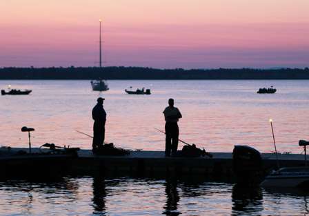 Co-anglers await their Day Two pros on the dock early on Day Two of the Bass Pro Shops BASSmaster Northern Open #1 on Lake Champlain.