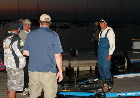 Anglers gang up at the dock early on Day Two to talk shop before getting organized for launch.