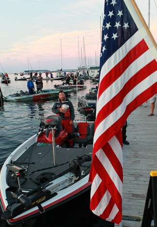 The national anthem rings throughout the Plattsburgh boat basin as Day Two gets underway.