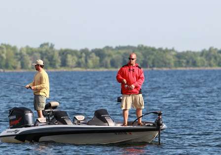 Pro Todd Schmitz and his co-angler Ashley Bishop enjoy more calm waters behind an island in the 